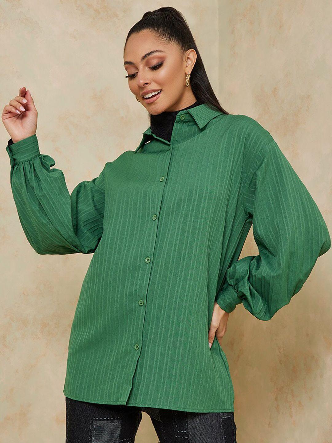 styli women green striped casual shirt