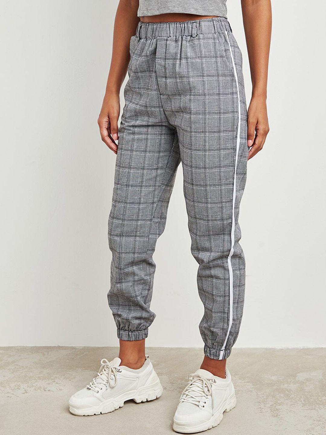 styli women grey checked high-rise trousers