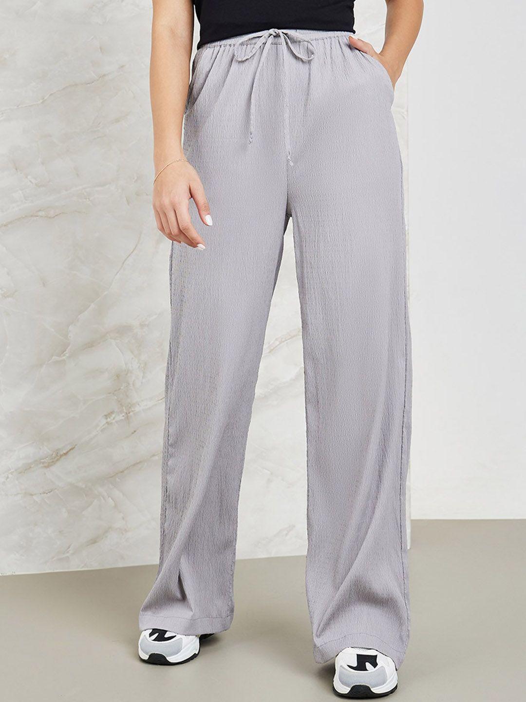 styli women grey flared high-rise trousers with side pocket