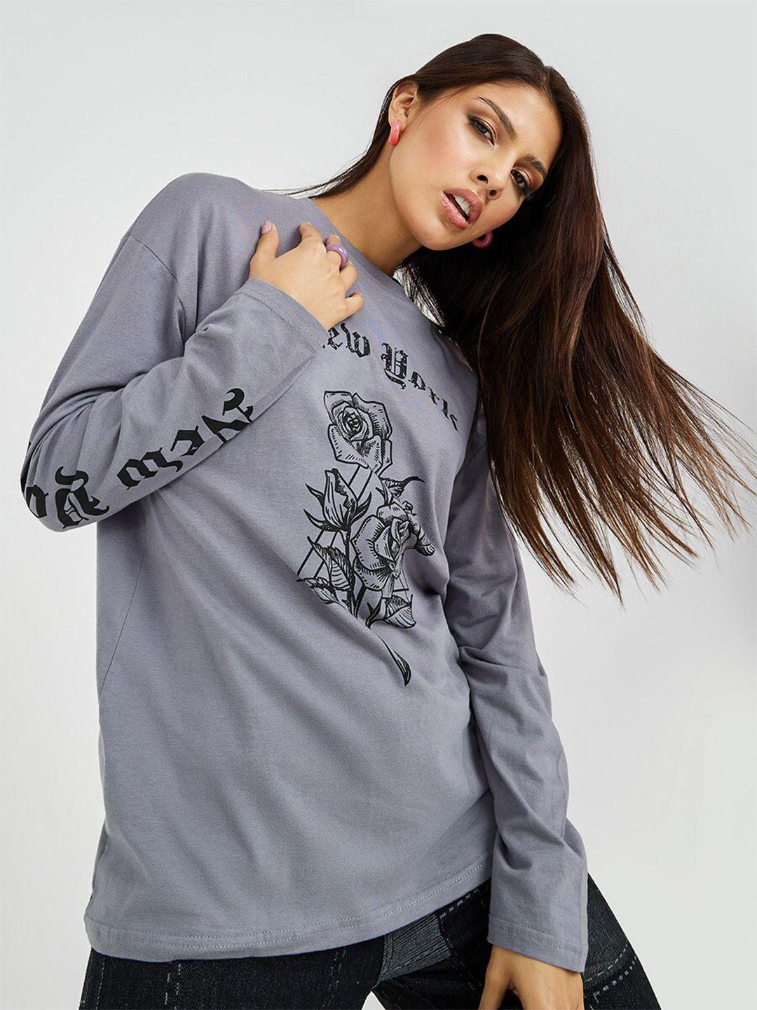 styli women grey long sleeves new york flower graphic oversized longline t-shirt