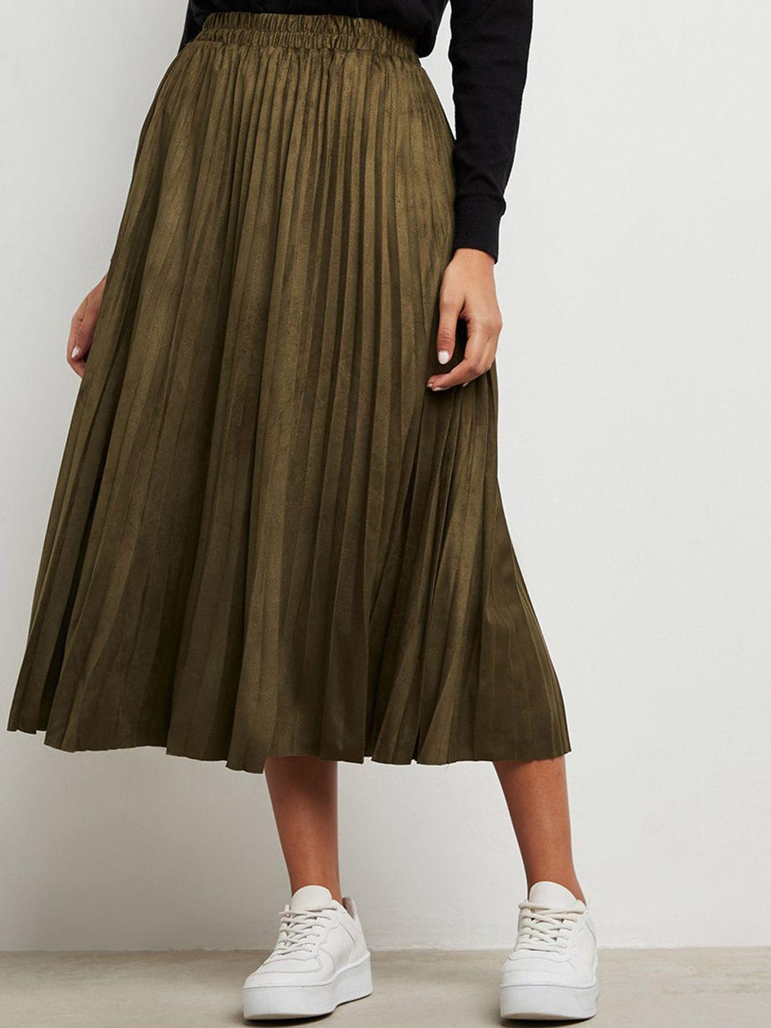 styli women khaki solid pleated a-line midi skirt