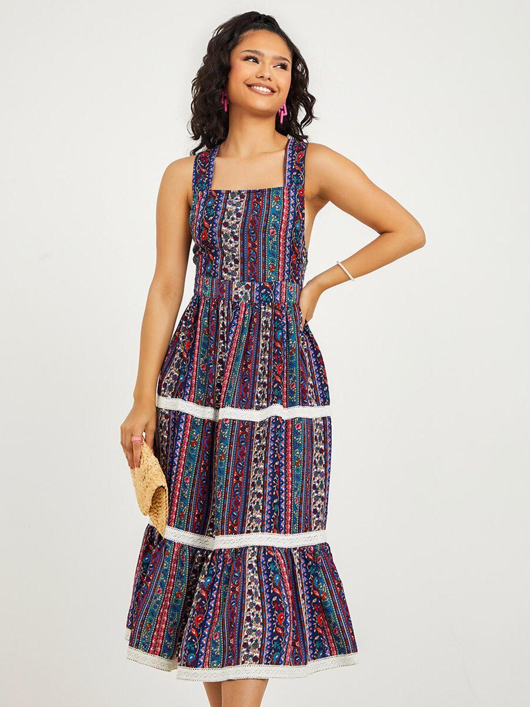 styli women multicoloured cross-back detail bohemian print a-line midi dress