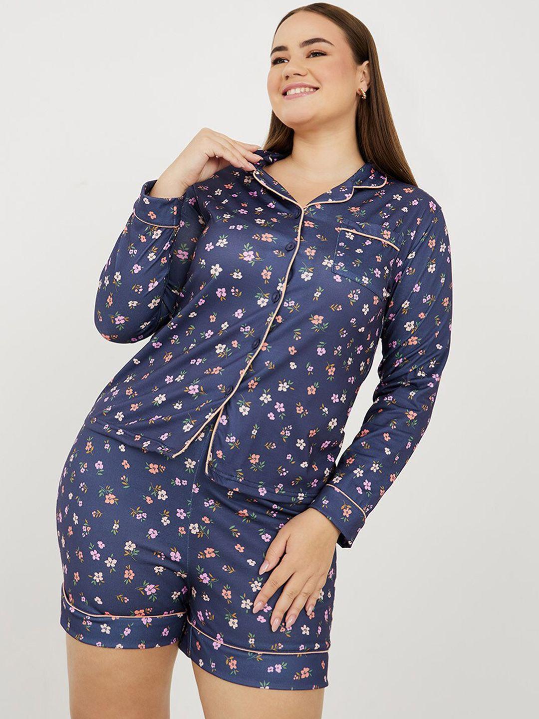 styli women navy blue & pink printed night suit