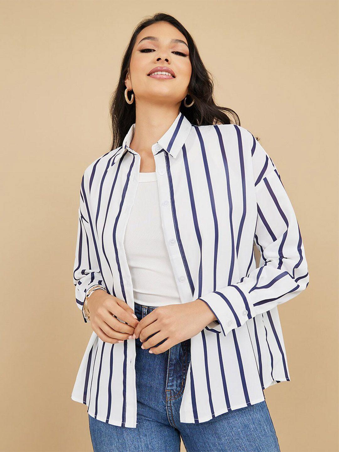 styli women navy blue boxy opaque striped casual shirt