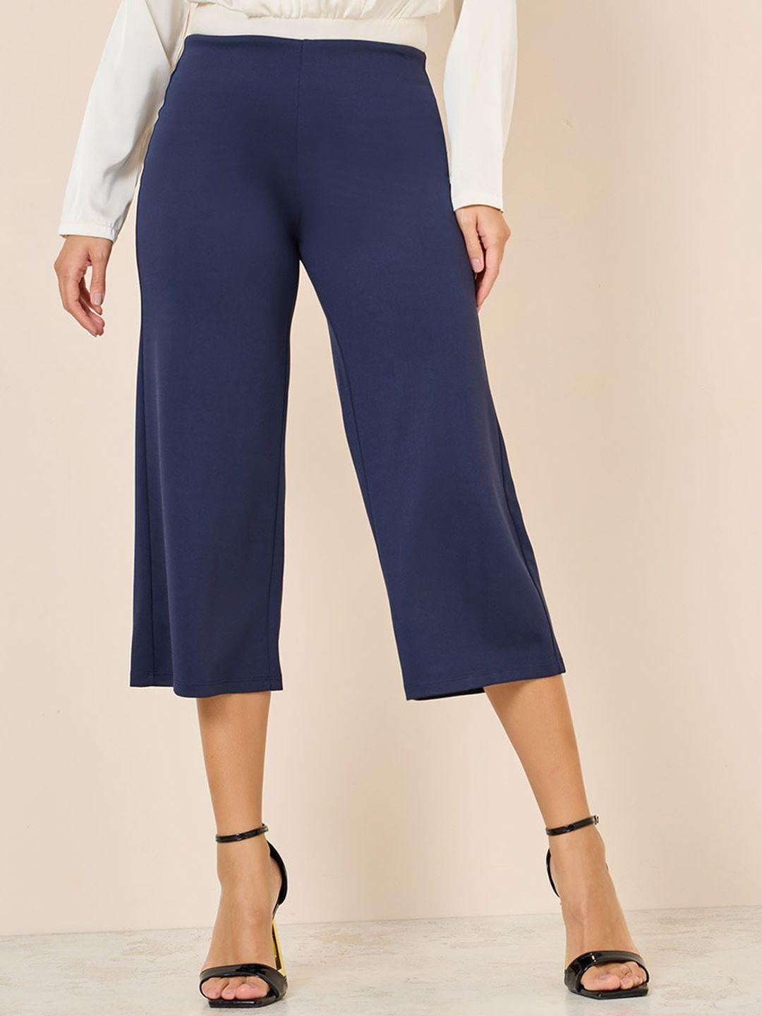 styli women navy blue flared high-rise culottes trousers