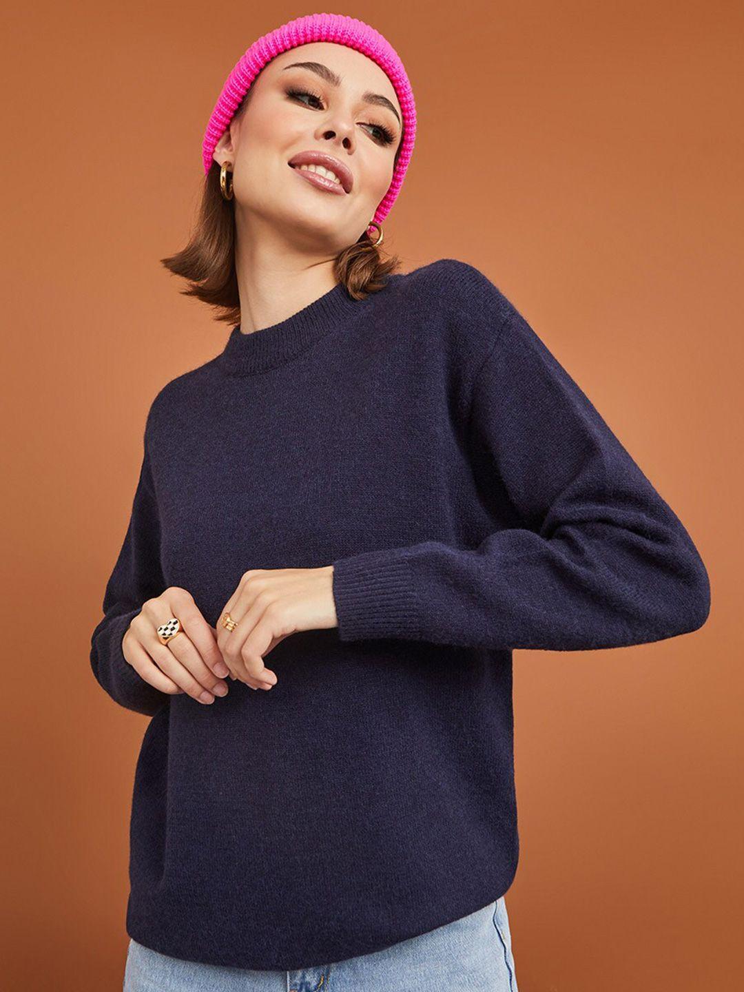 styli women navy blue longline pullover