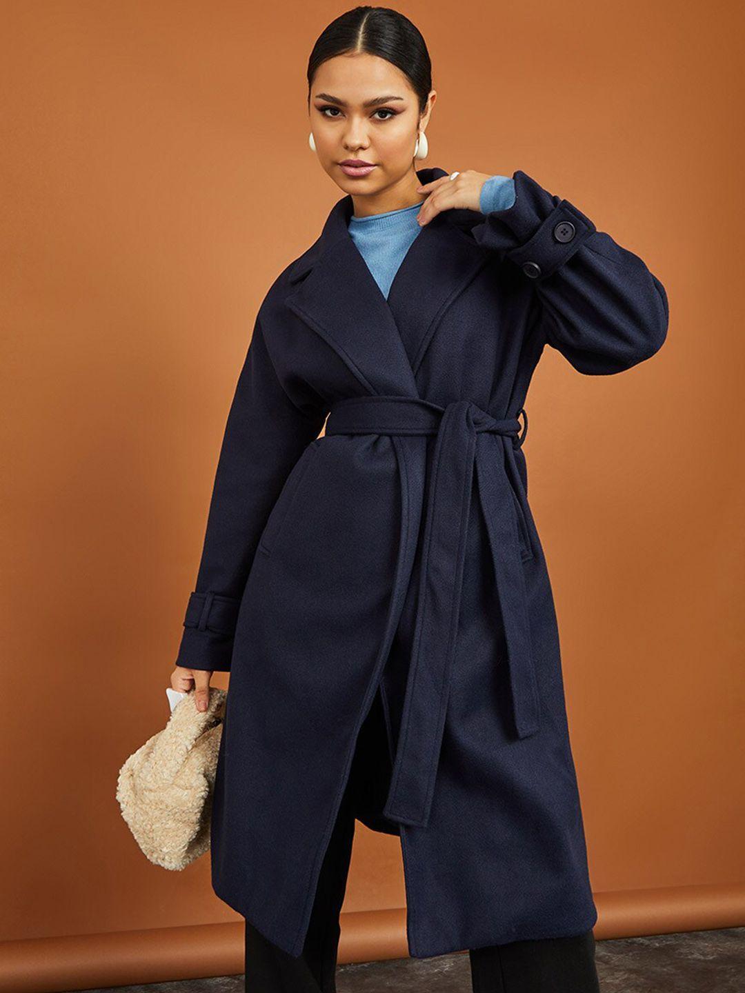 styli women navy blue solid longline overcoats