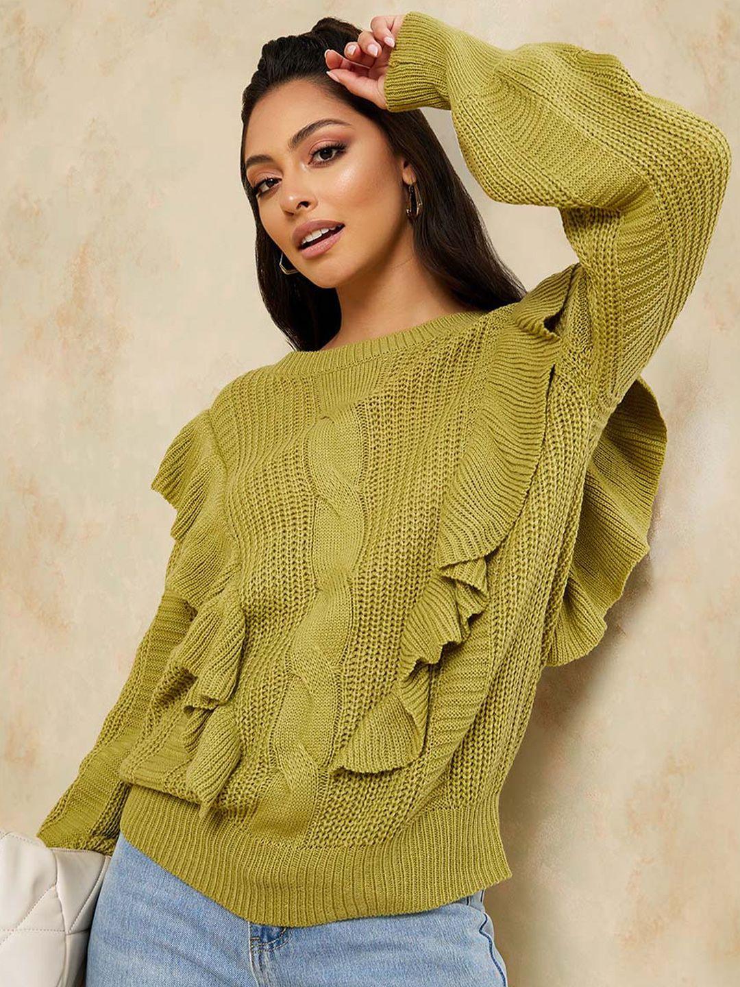 styli women olive green self design acrylic pullover sweater