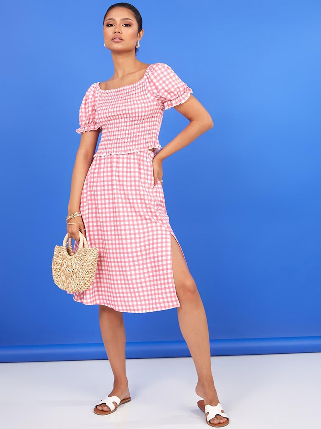 styli women pink square neck gingham top & midi skirt co-ord set