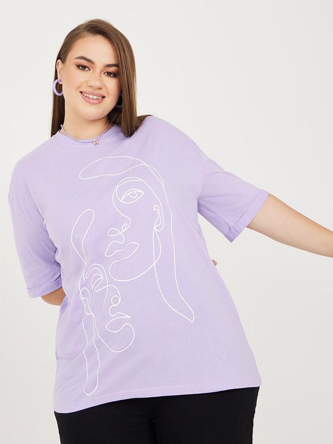 styli women purple printed extended sleeves raw edge t-shirt