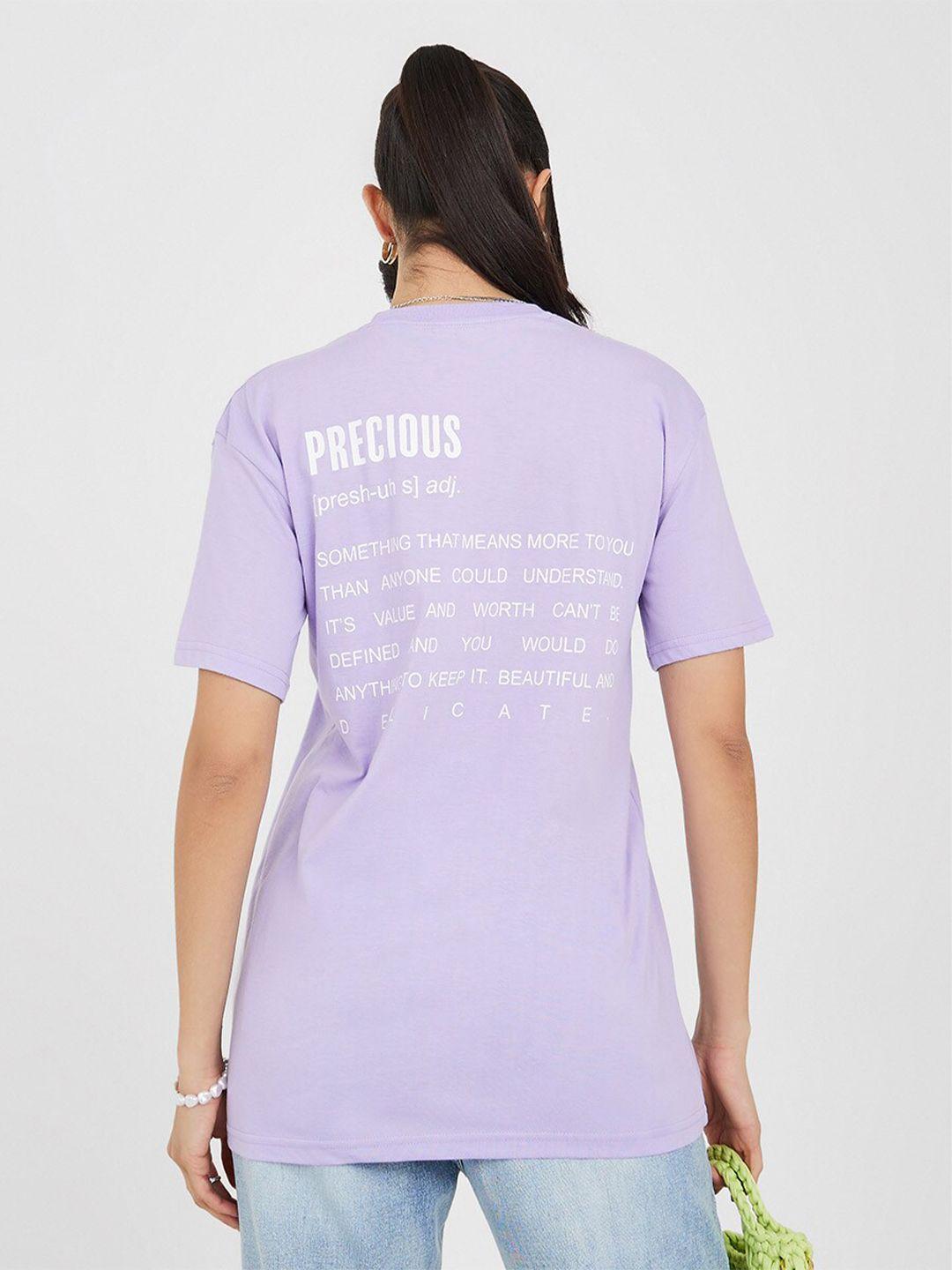 styli women purple typography printed loose t-shirt