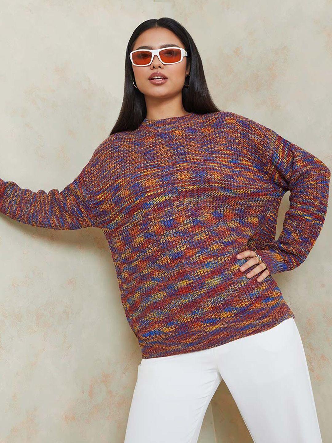 styli women red & blue ribbed pullover