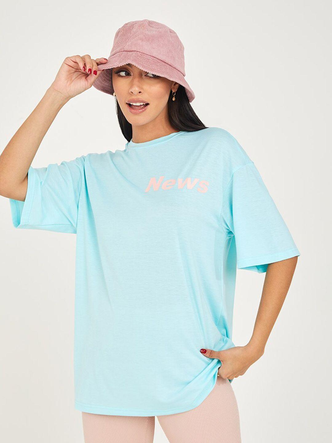 styli women sea green drop shoulder sleeve slogan print oversized t-shirt
