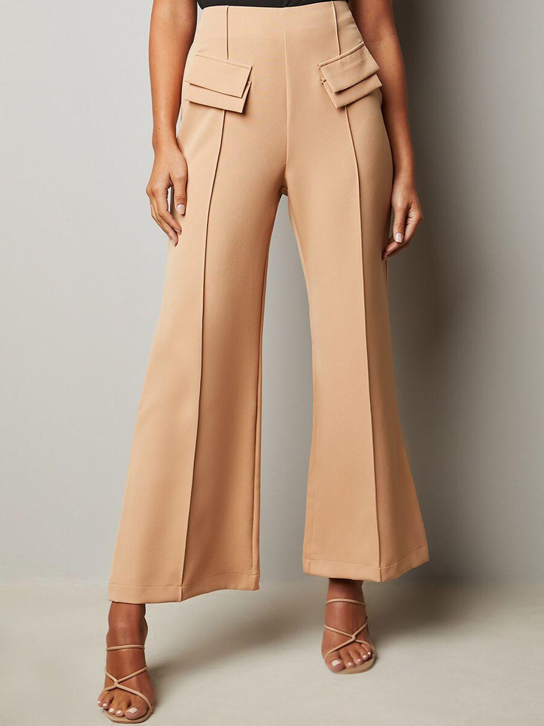 styli women tan faux flap pocket detail wide leg trouser