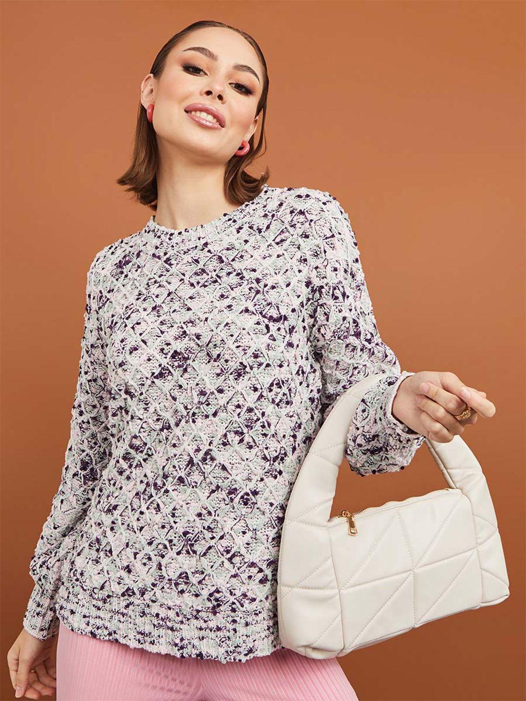 styli women white & purple self design boucle pullover