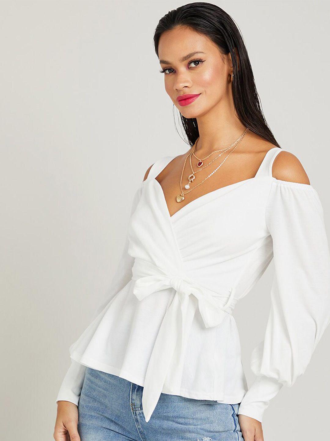 styli women white cold shoulder long sleeves blouse with tie belt