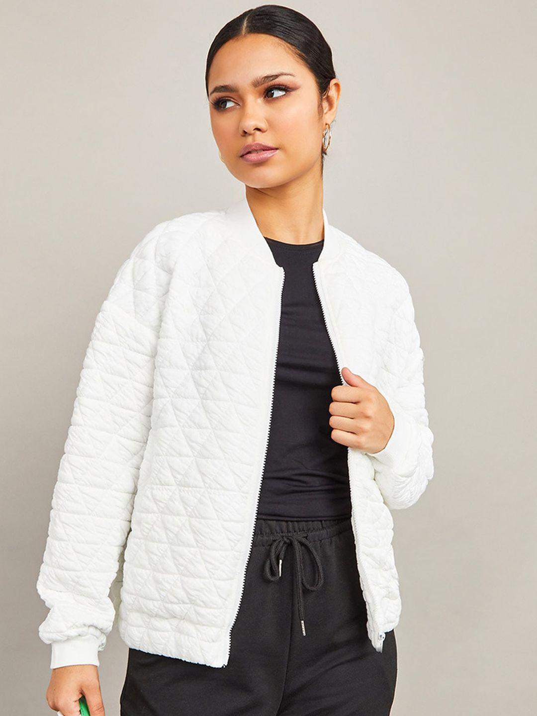 styli women white oversized quilted regular length bomber jacket