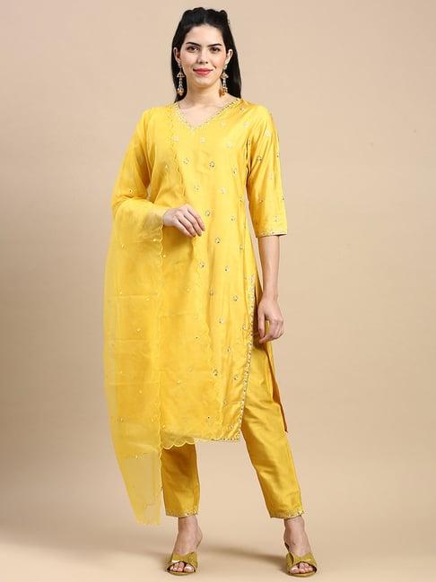 styli yellow embroidered kurta pant set with dupatta