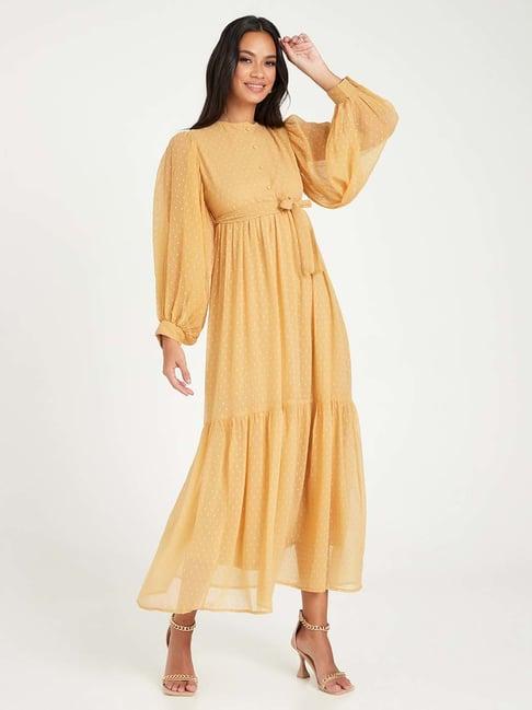 styli yellow self pattern a-line dress