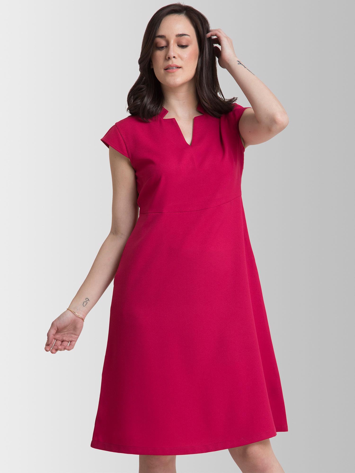 stylised neck belted fit and flare dress - magenta