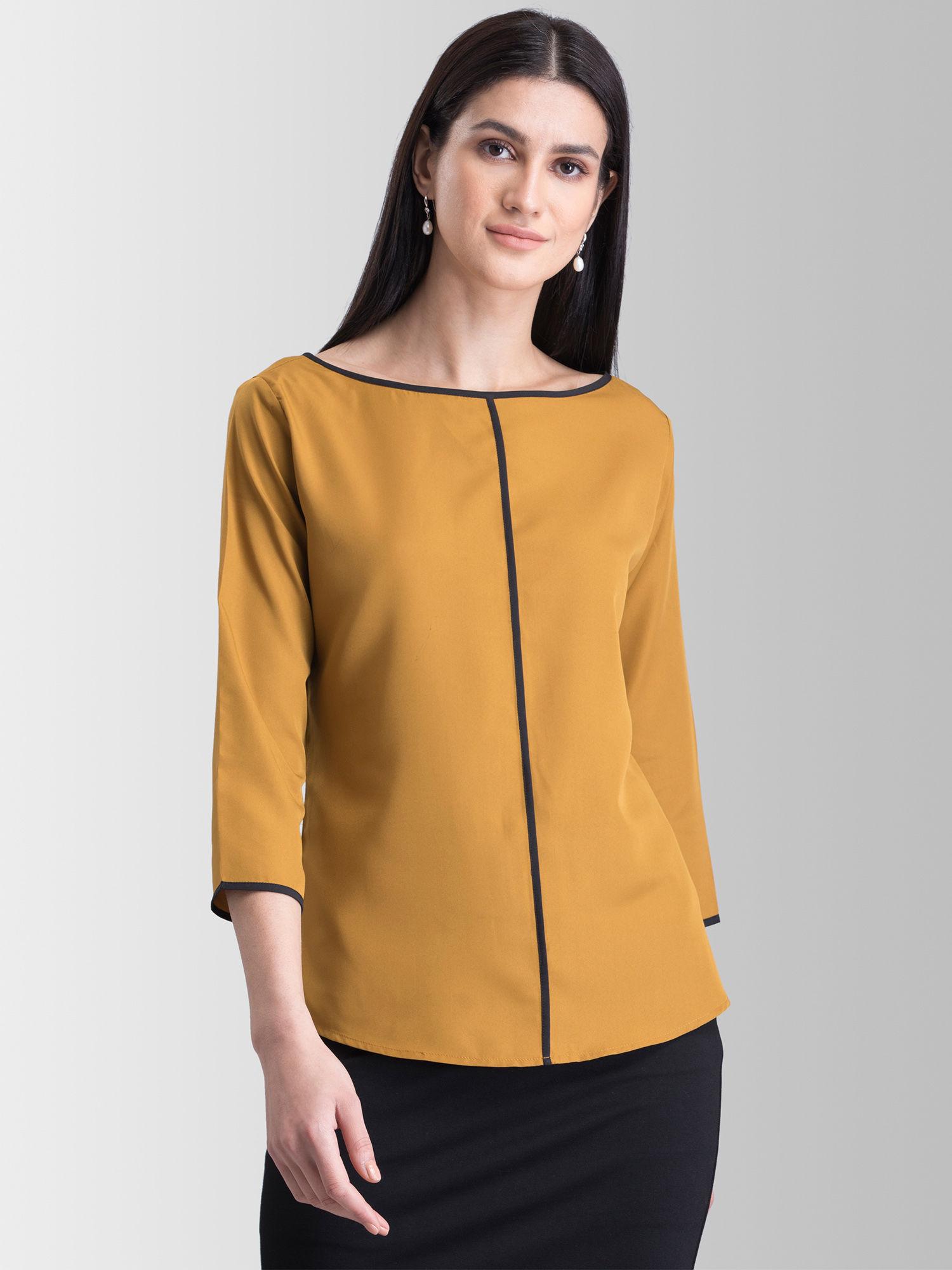 stylised neck colour block dress mustard & black