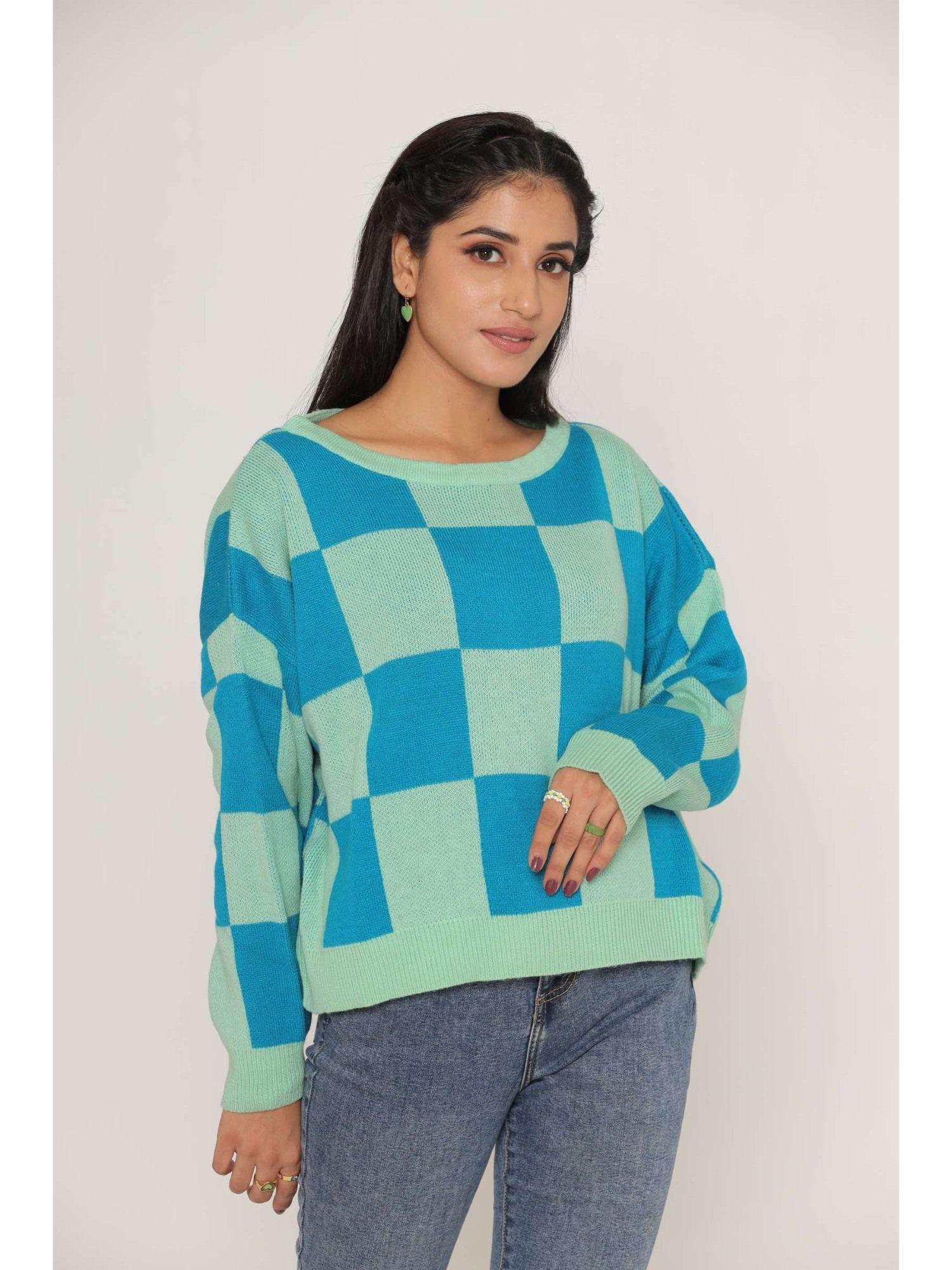 stylish oversized drop shoulders checkered woollen sweaters for women