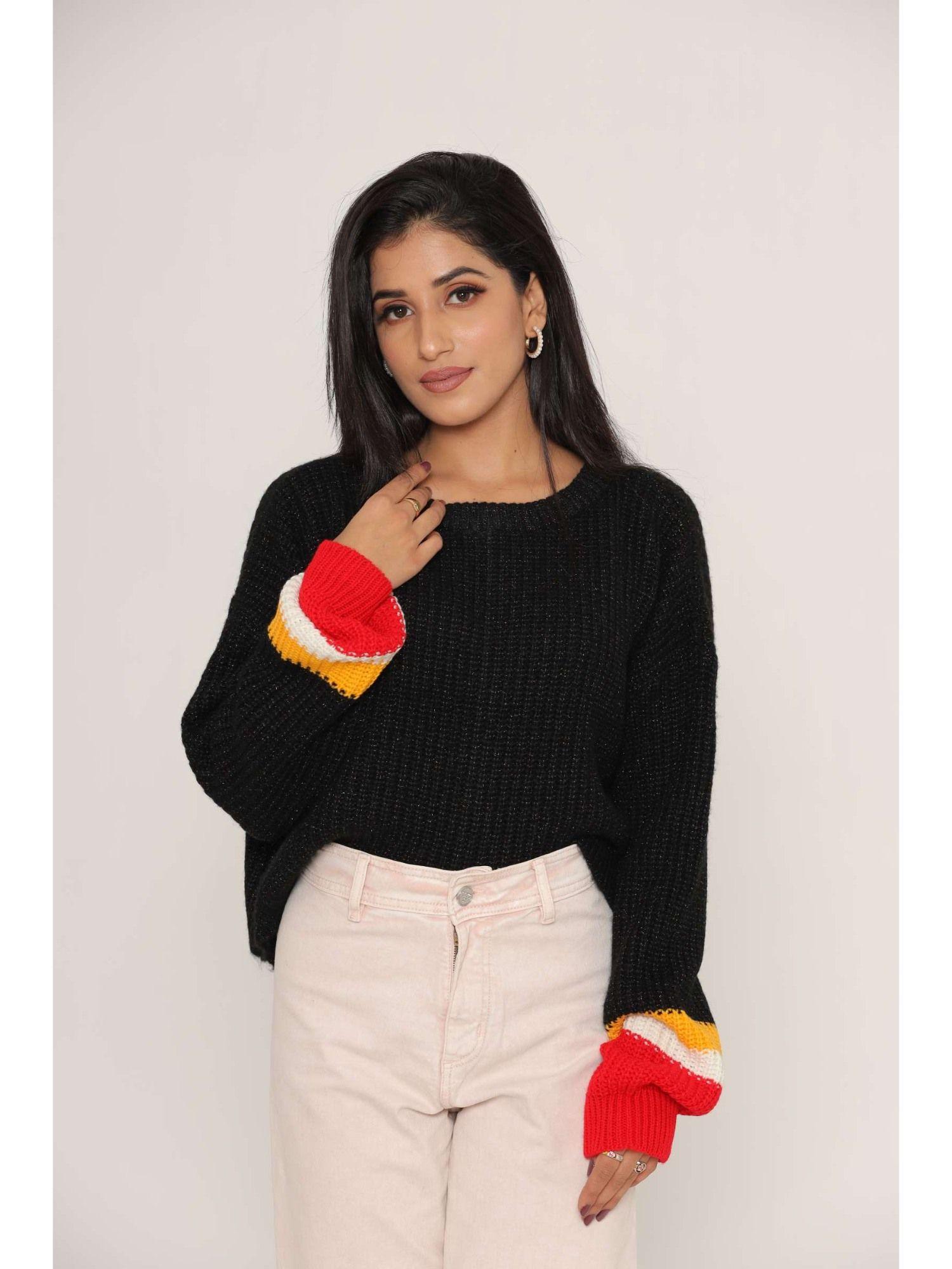 stylish oversized drop shoulders ornamental woollen sweaters for women