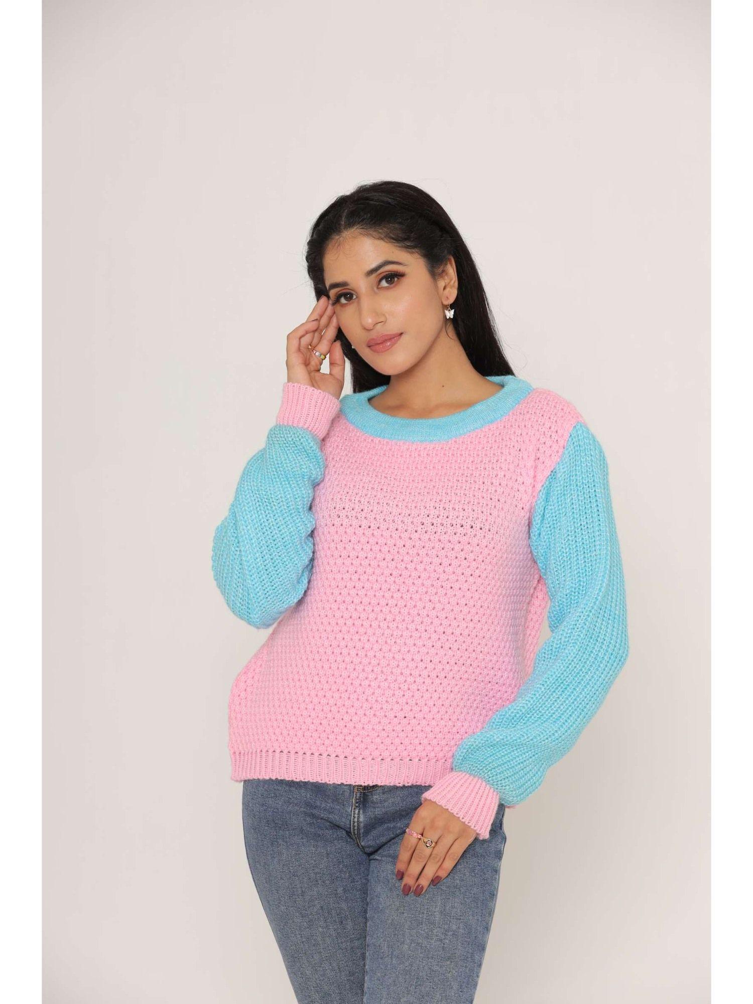 stylish oversized drop shoulders pink and blue woollen sweaters for women