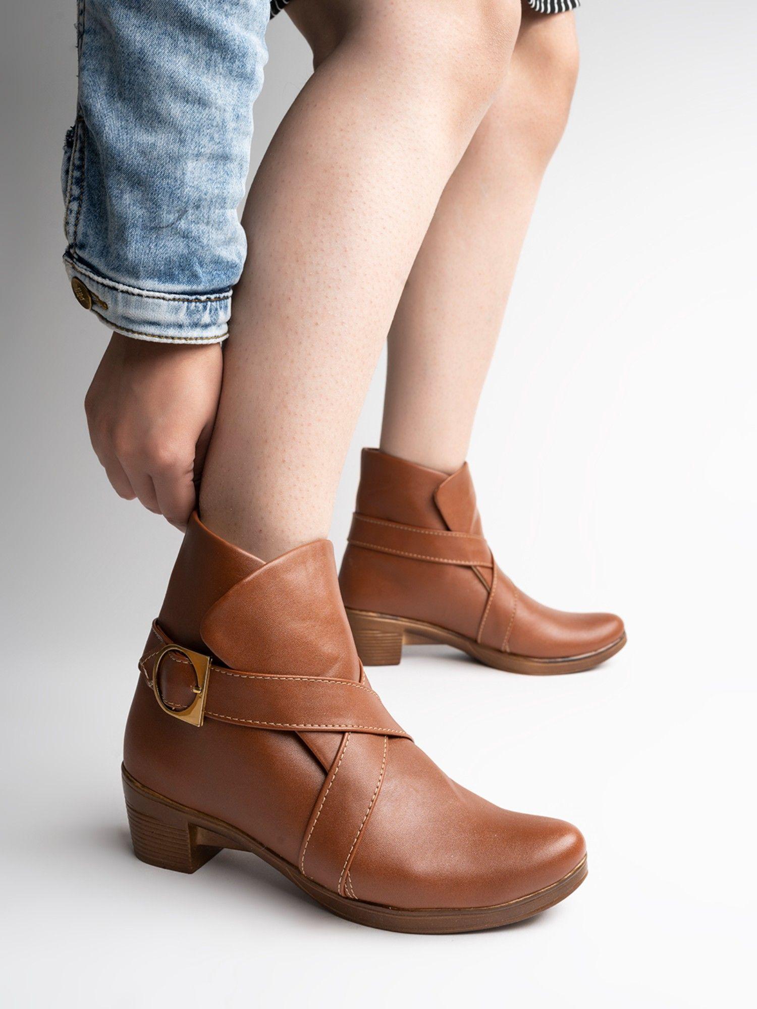stylish side buckle detailing tan boot for girls