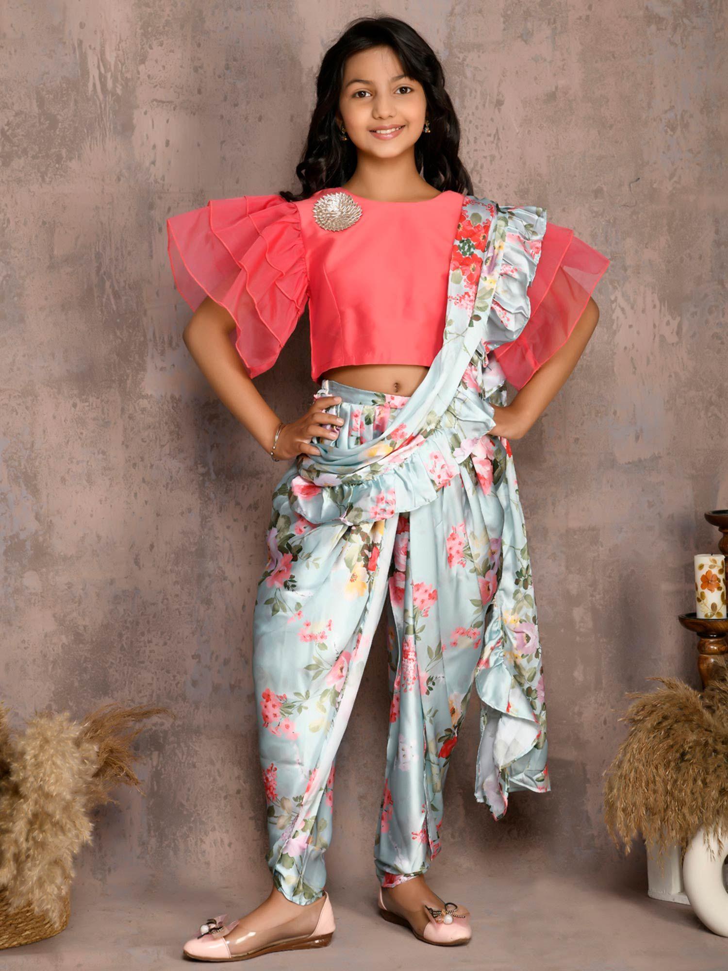 stylish top with floral printed dhoti (set of 2)