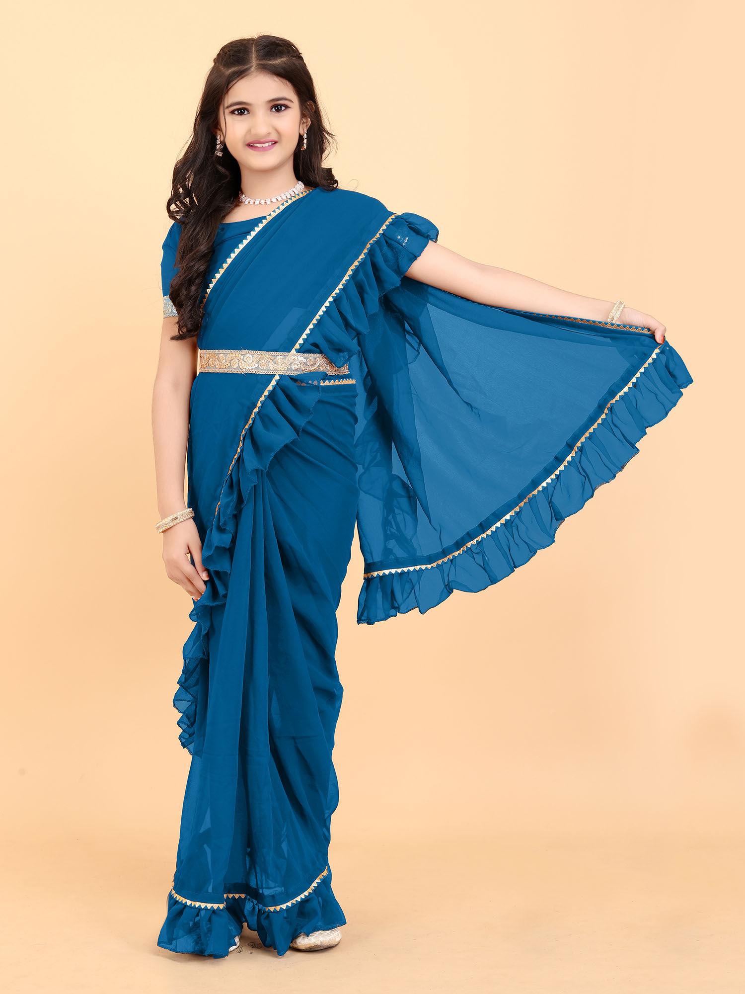 stylish belt included saree with unstitched blouse