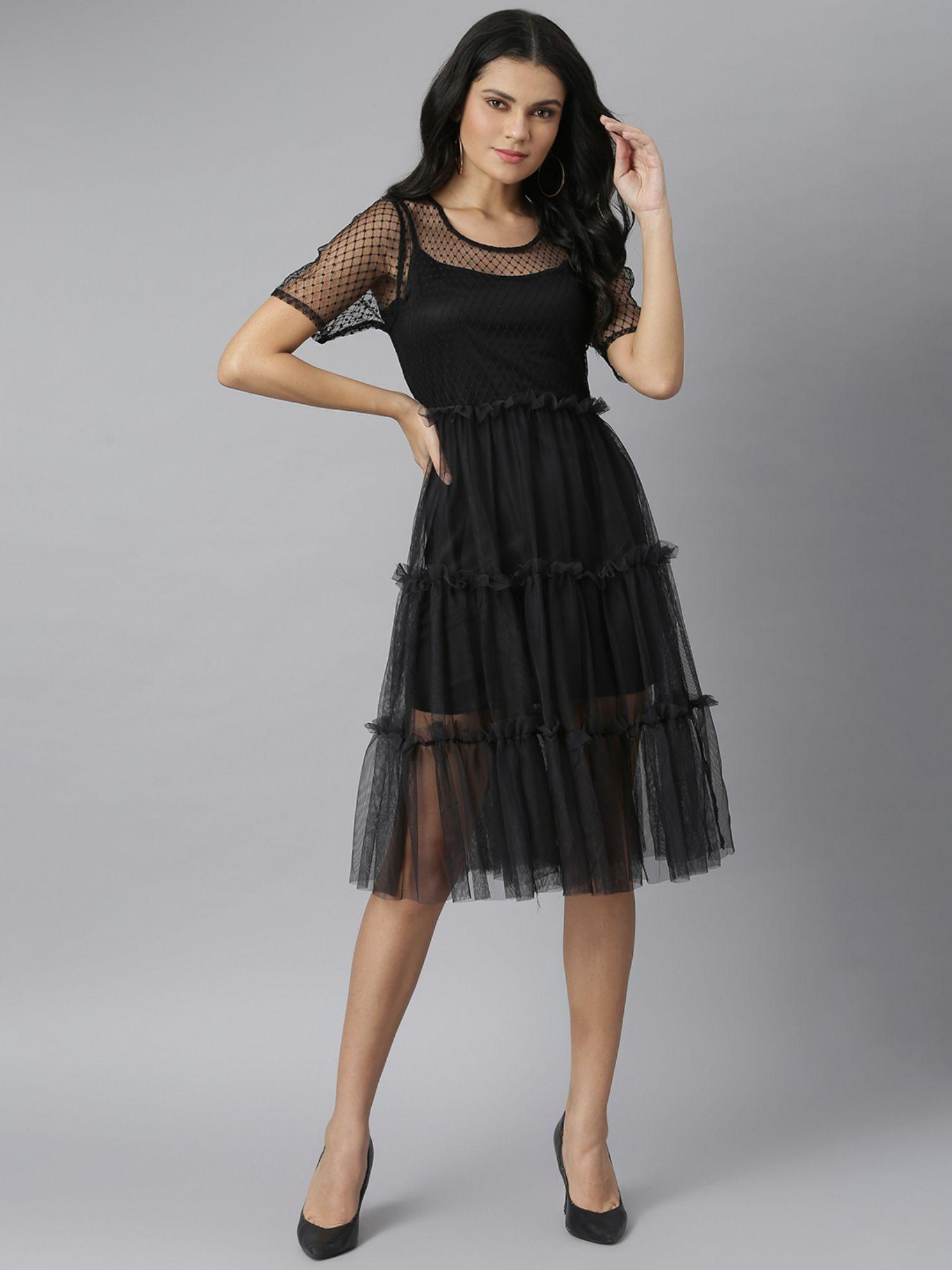 stylish black self design tulle dress