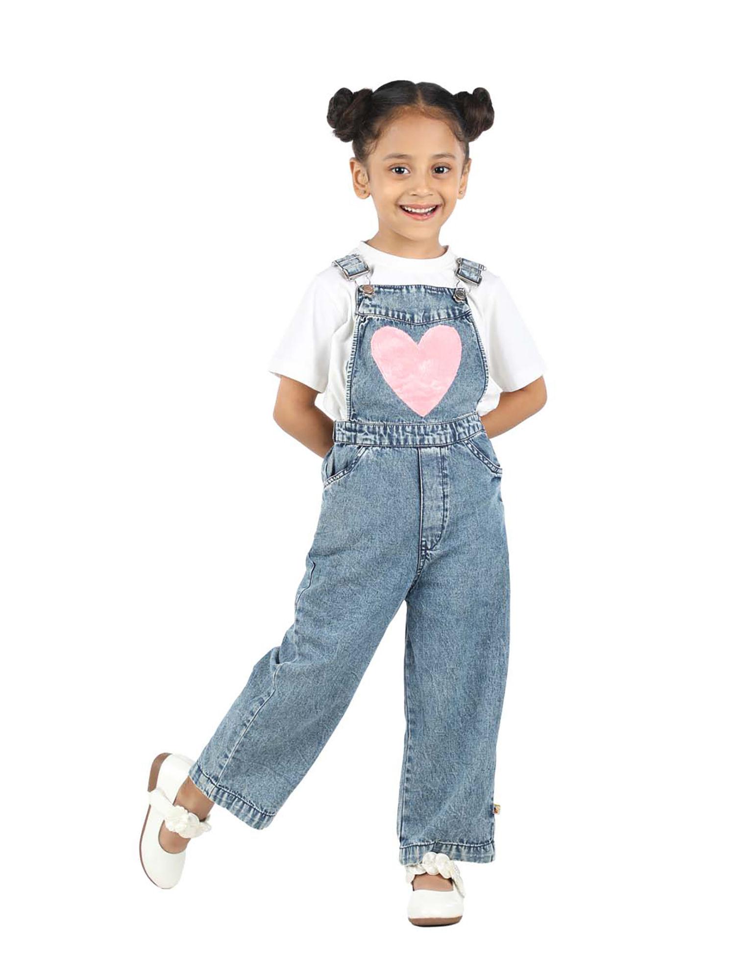 stylish blue denim dungaree with heart fur patch