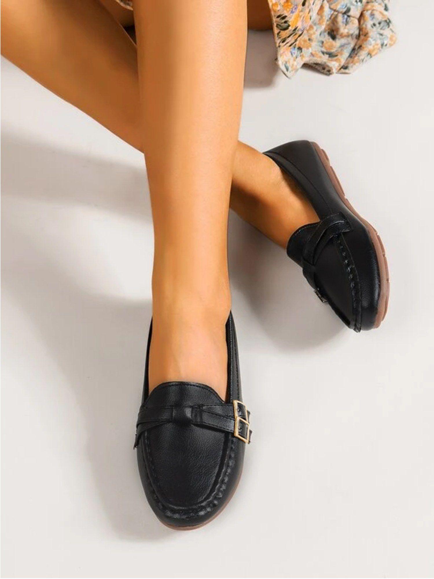 stylish comfortable side buckle detailed black loafers for girls