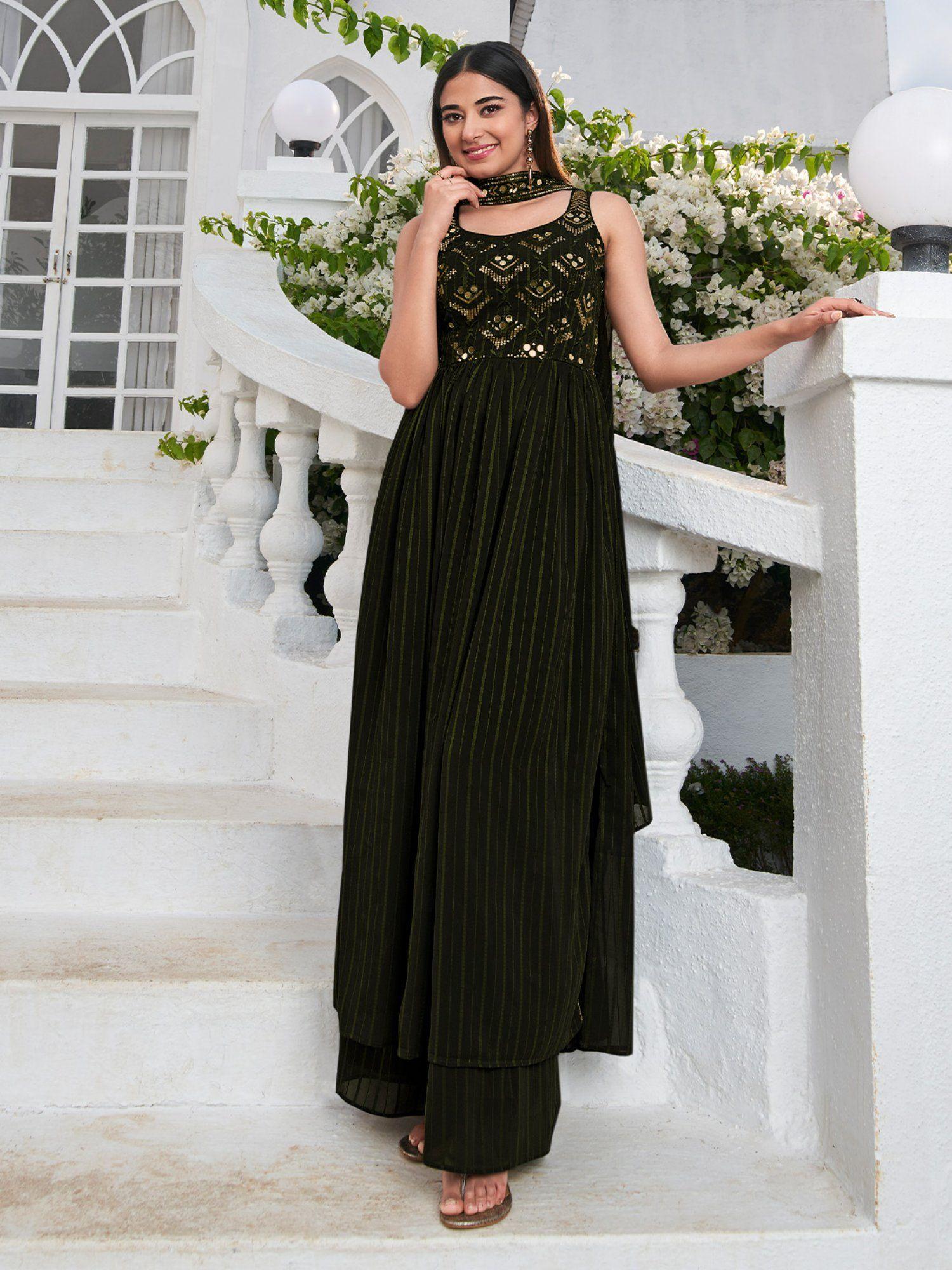 stylish embroidered olive georgette semi stitched gown (set of 2)