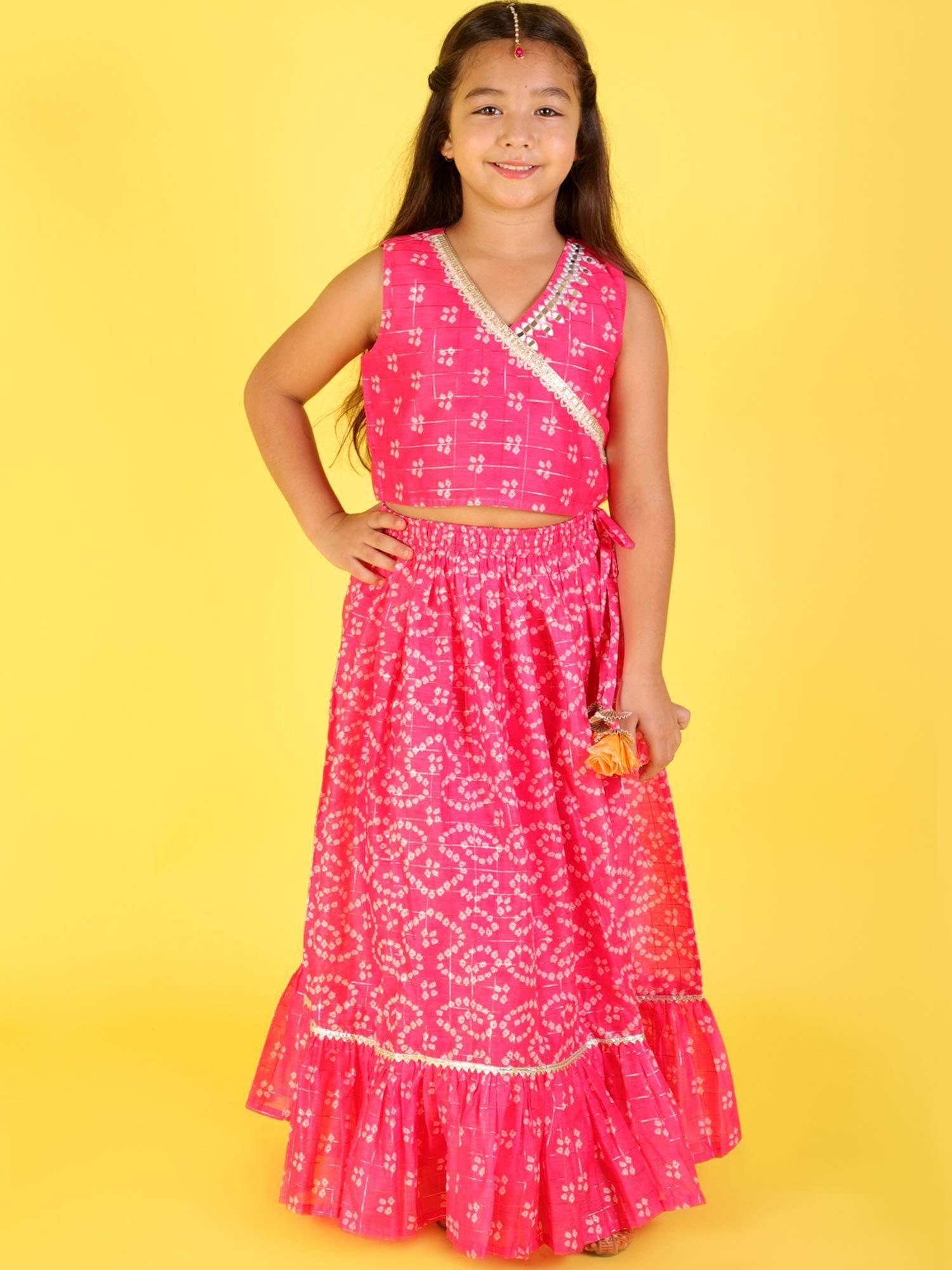 stylish girls printed chanderi lurex ghaghra choli-pink (set of 2)