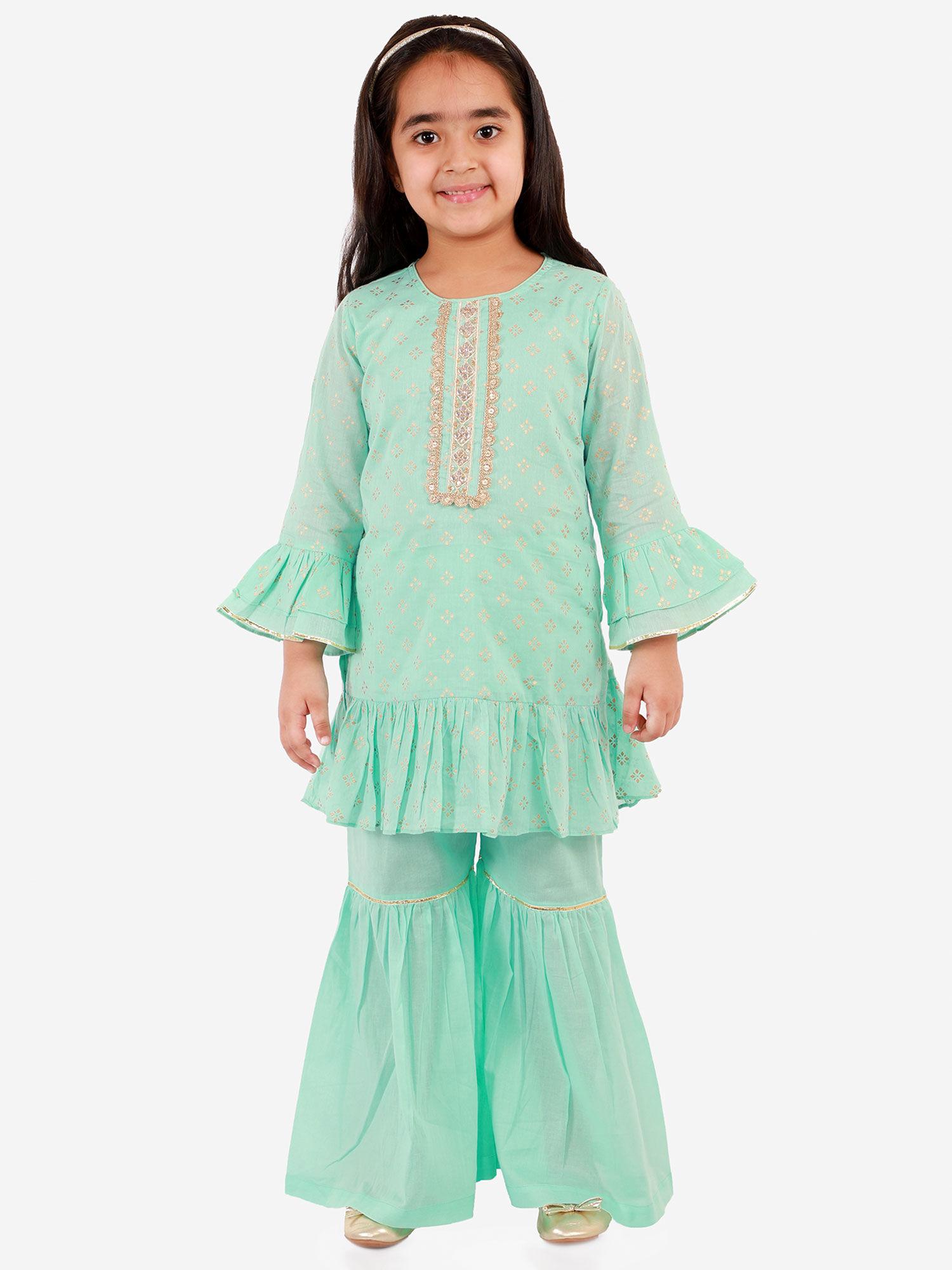 stylish girls printed kurta with pyjama blue (set of 2)