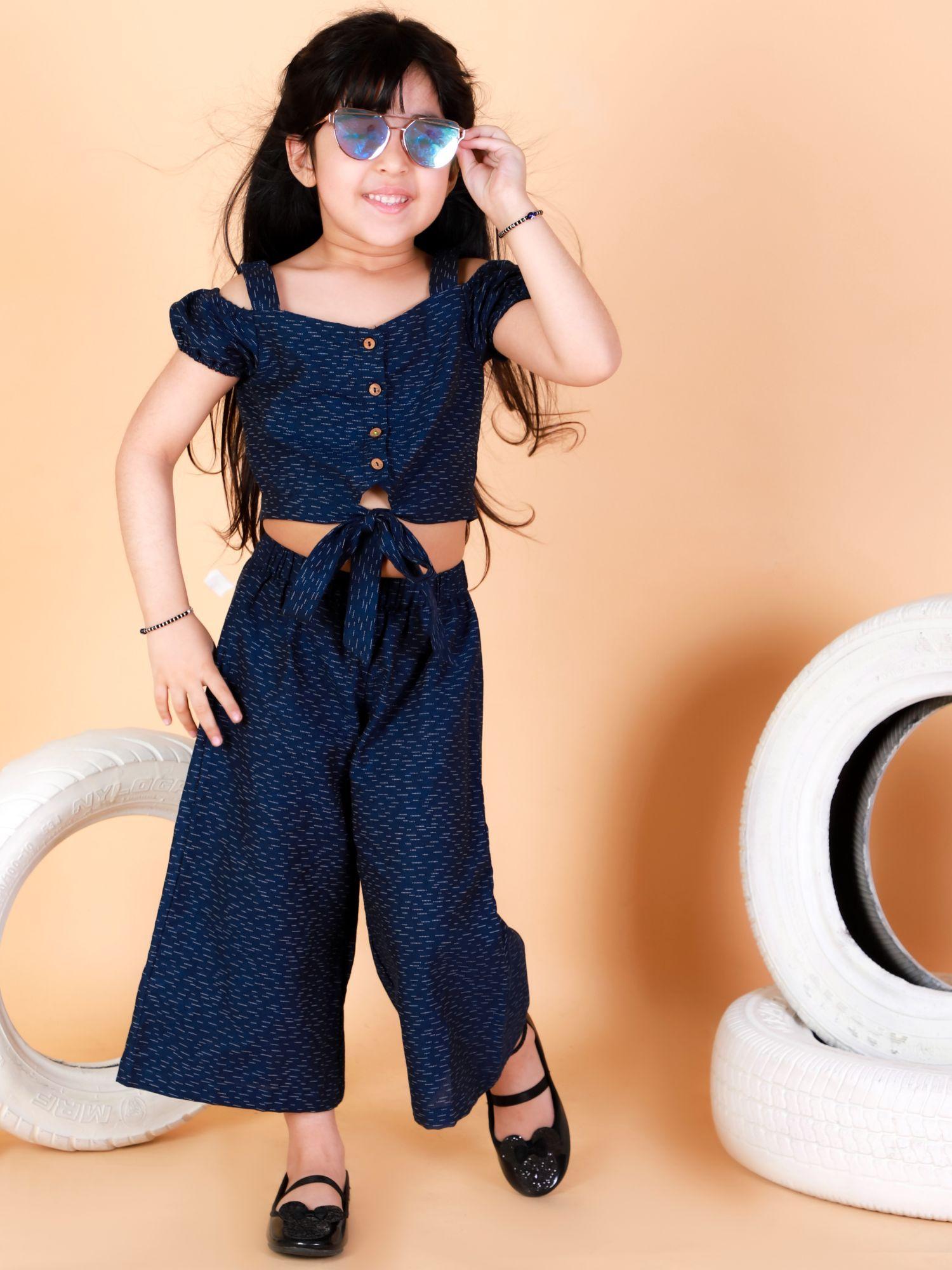 stylish girls printed top with pants (set of 2) - navy blue