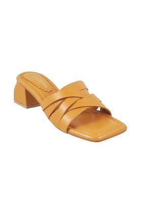 stylish leather slip-on women's sandals - mustard