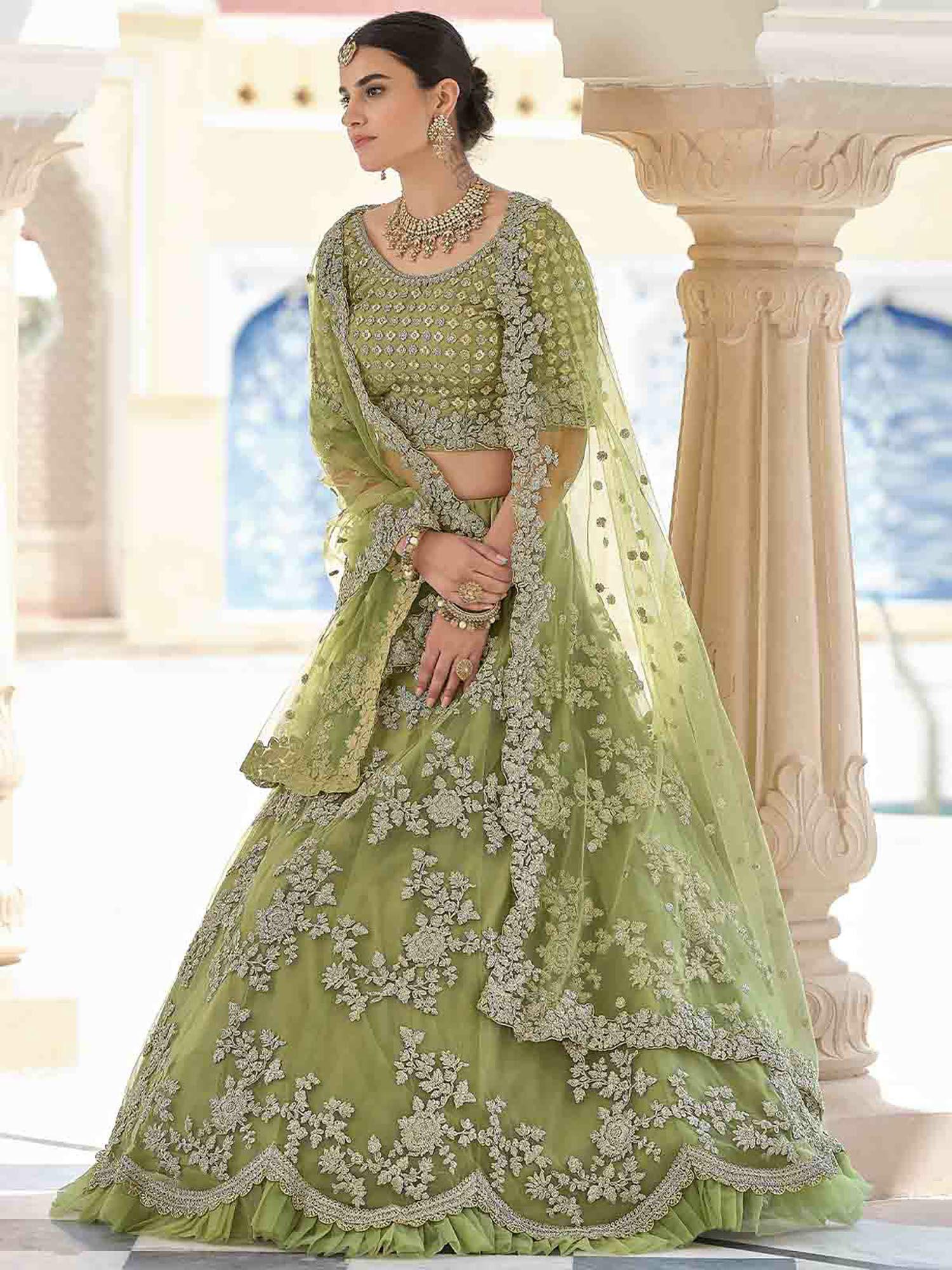 stylish olive soft net semi stitched lehenga with unstitched blouse (set of 3)