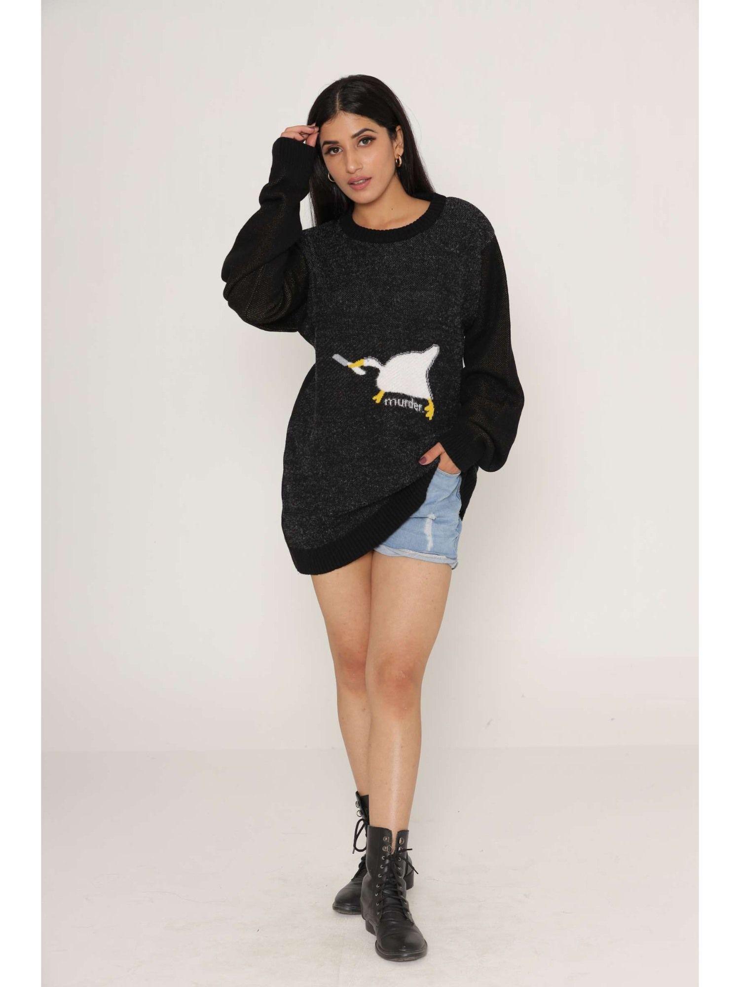 stylish oversized black printed sweater dress for women