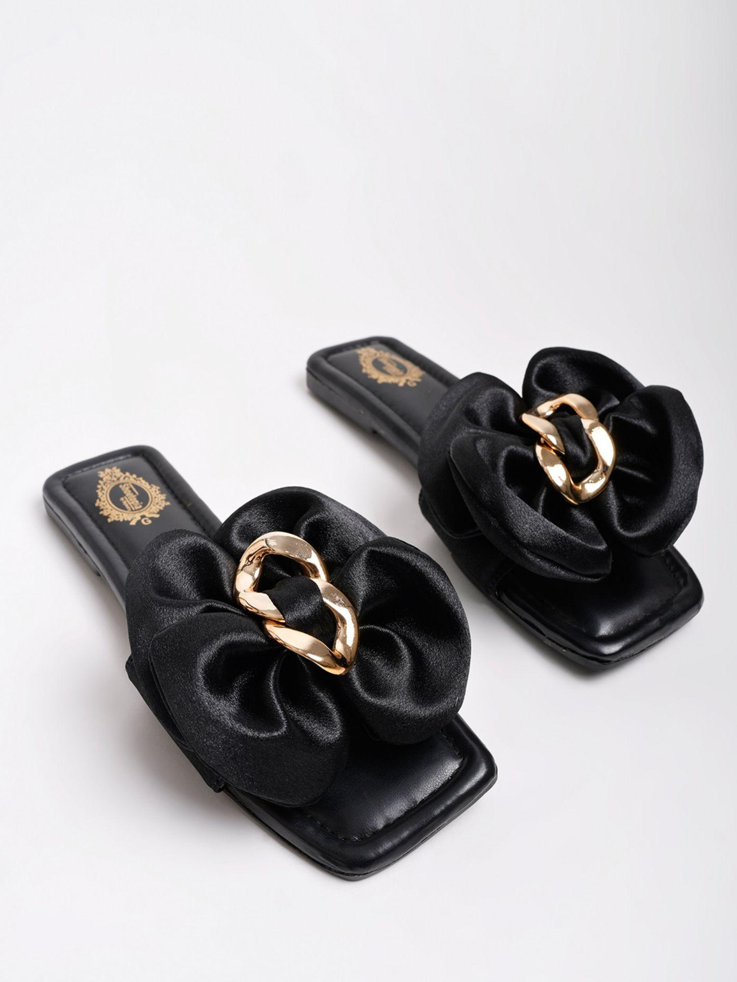 stylish oversized bow detailed black flats