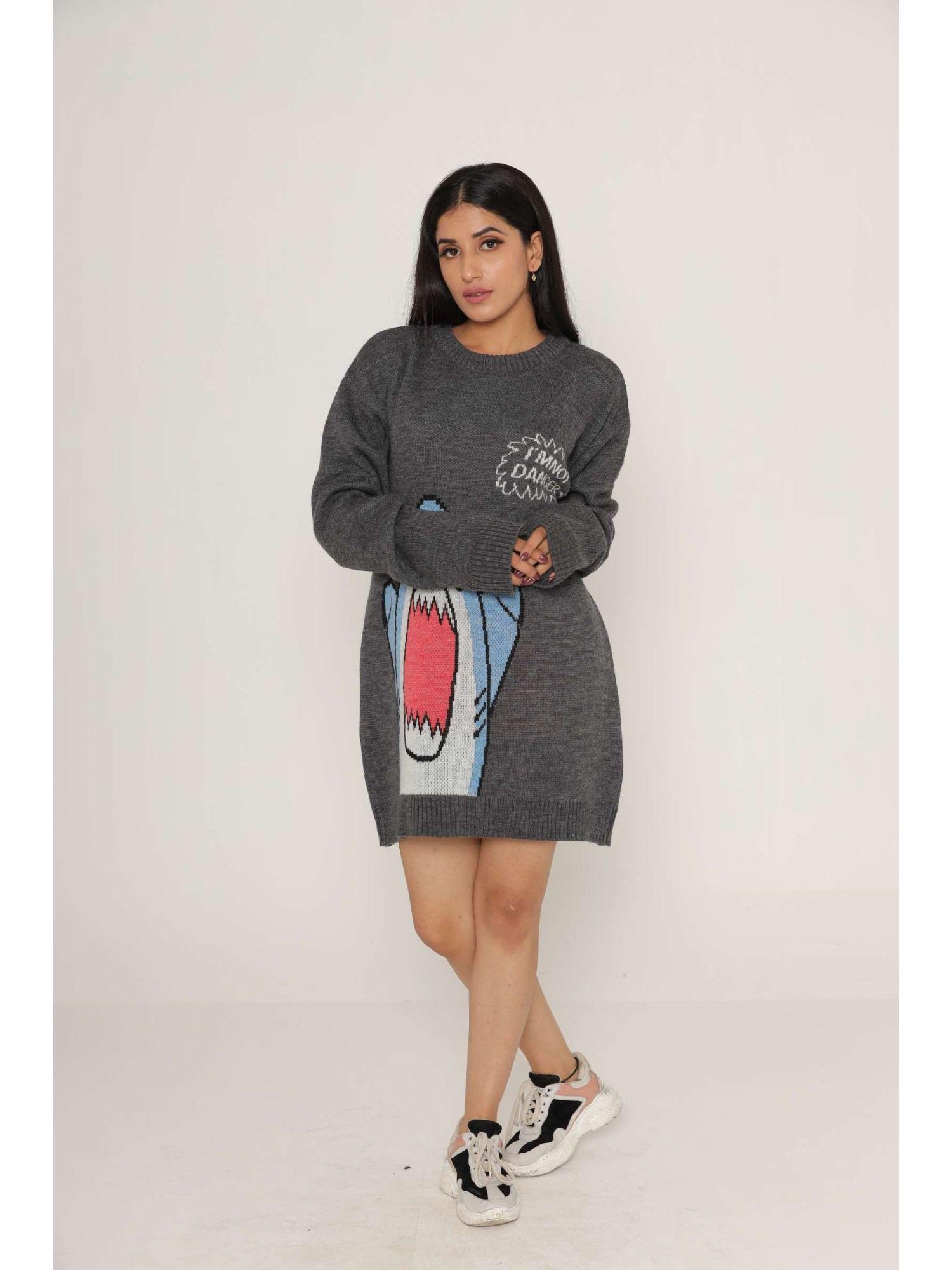 stylish oversized grey printed woollen sweater dress for women