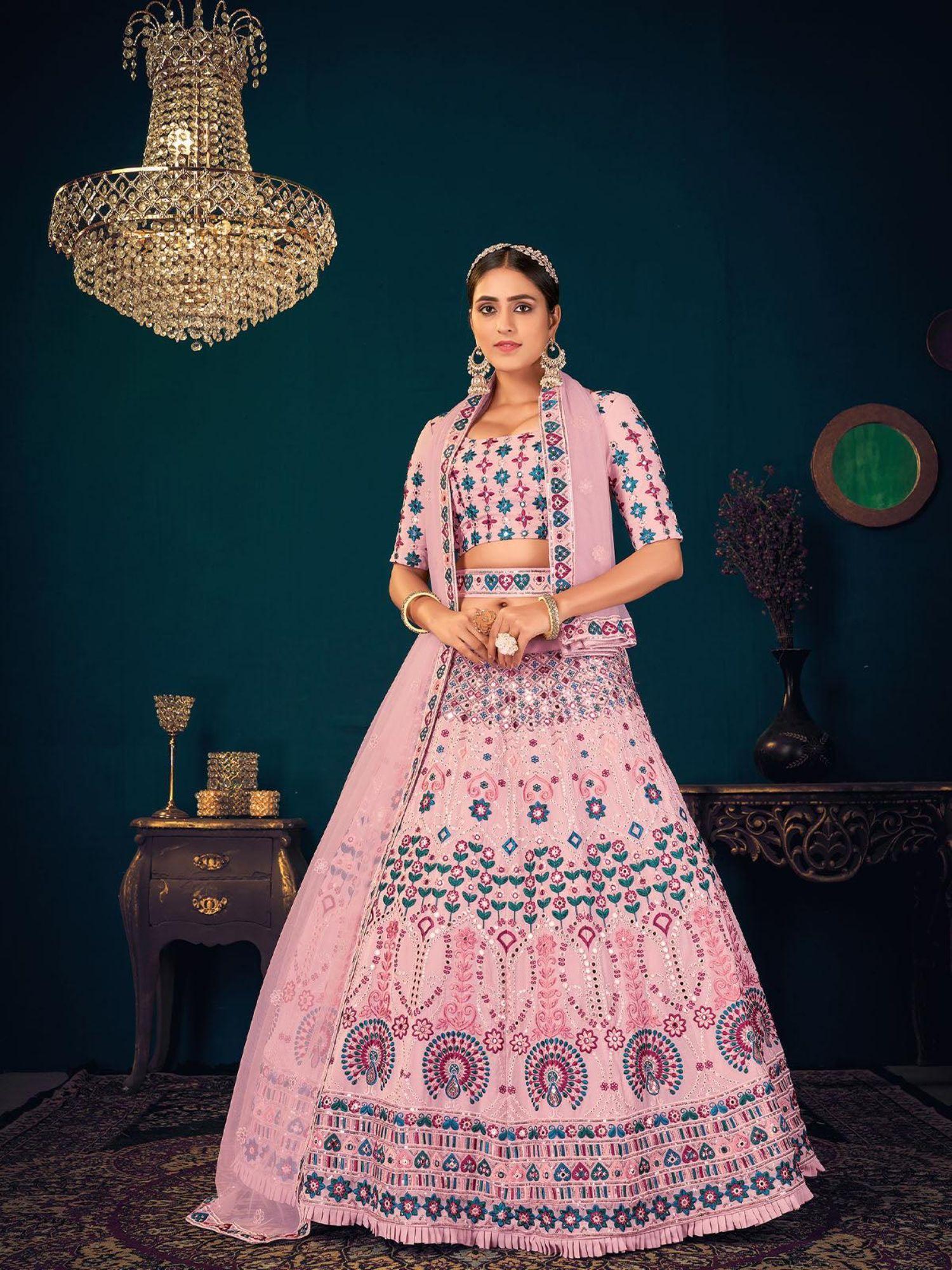 stylish pink georgette semi stitched lehenga with unstitched blouse (set of 3)