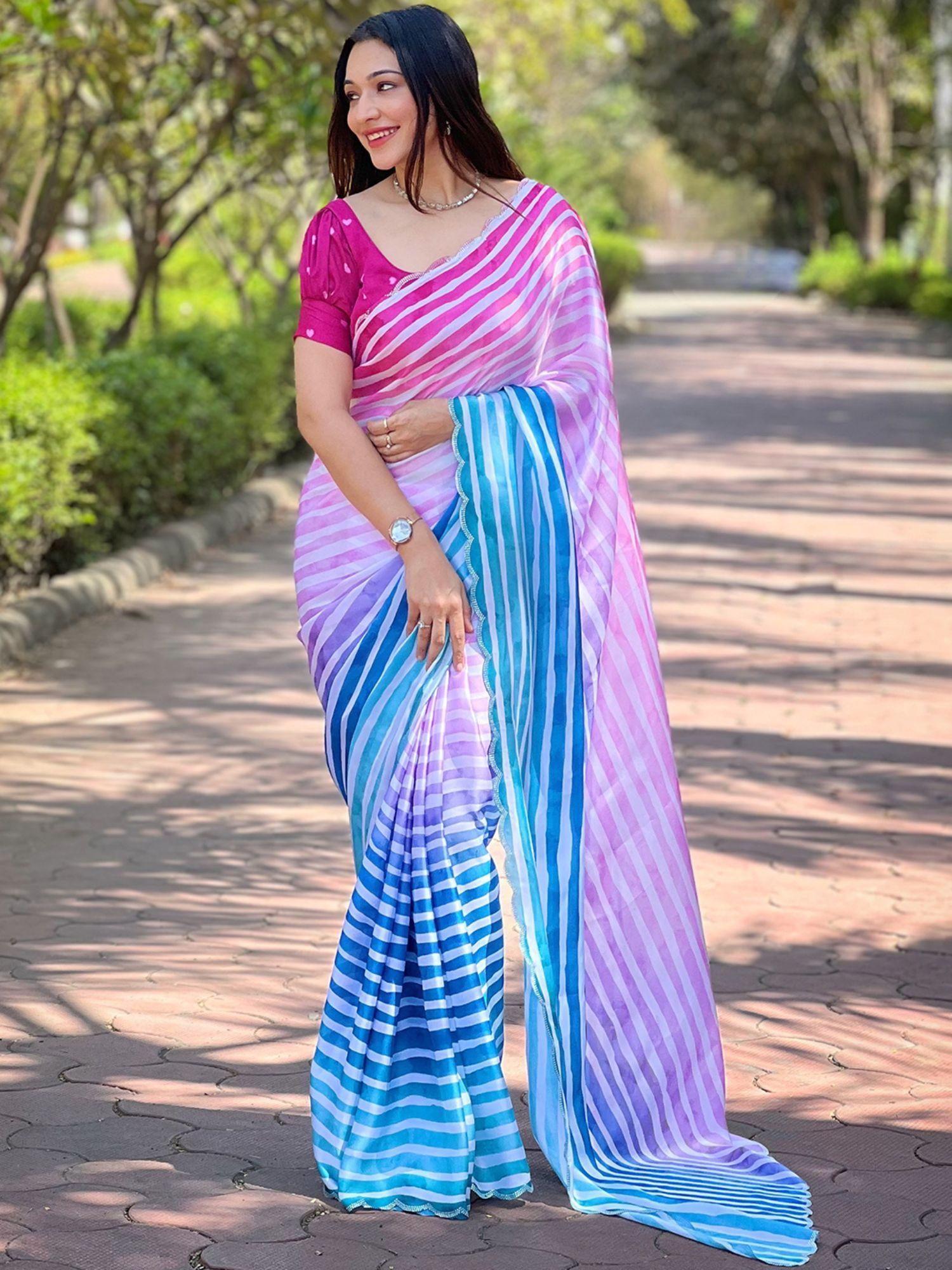 stylish satin georgette stripes saree with unstitched blouse