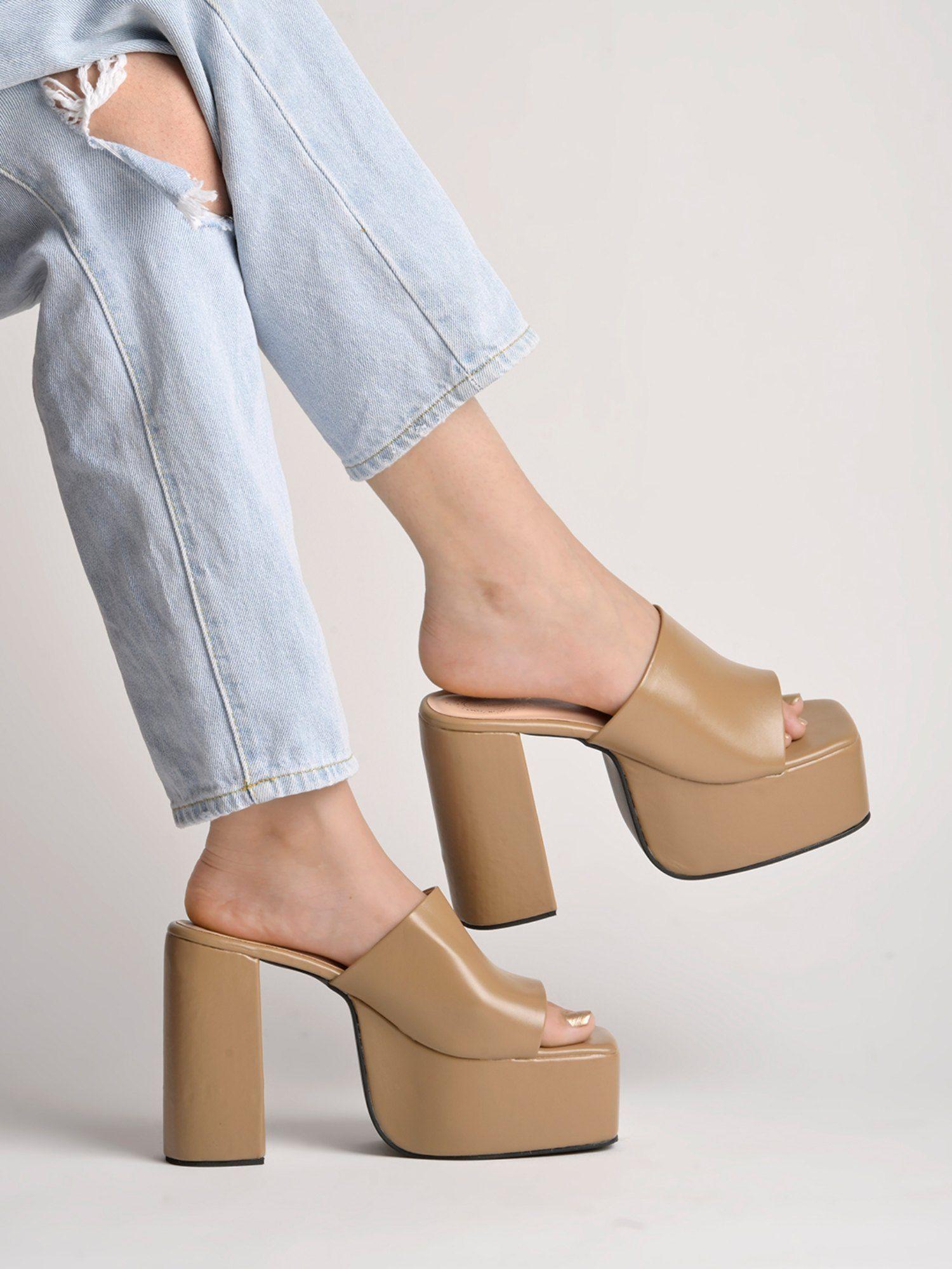 stylish solid beige block heels for girls