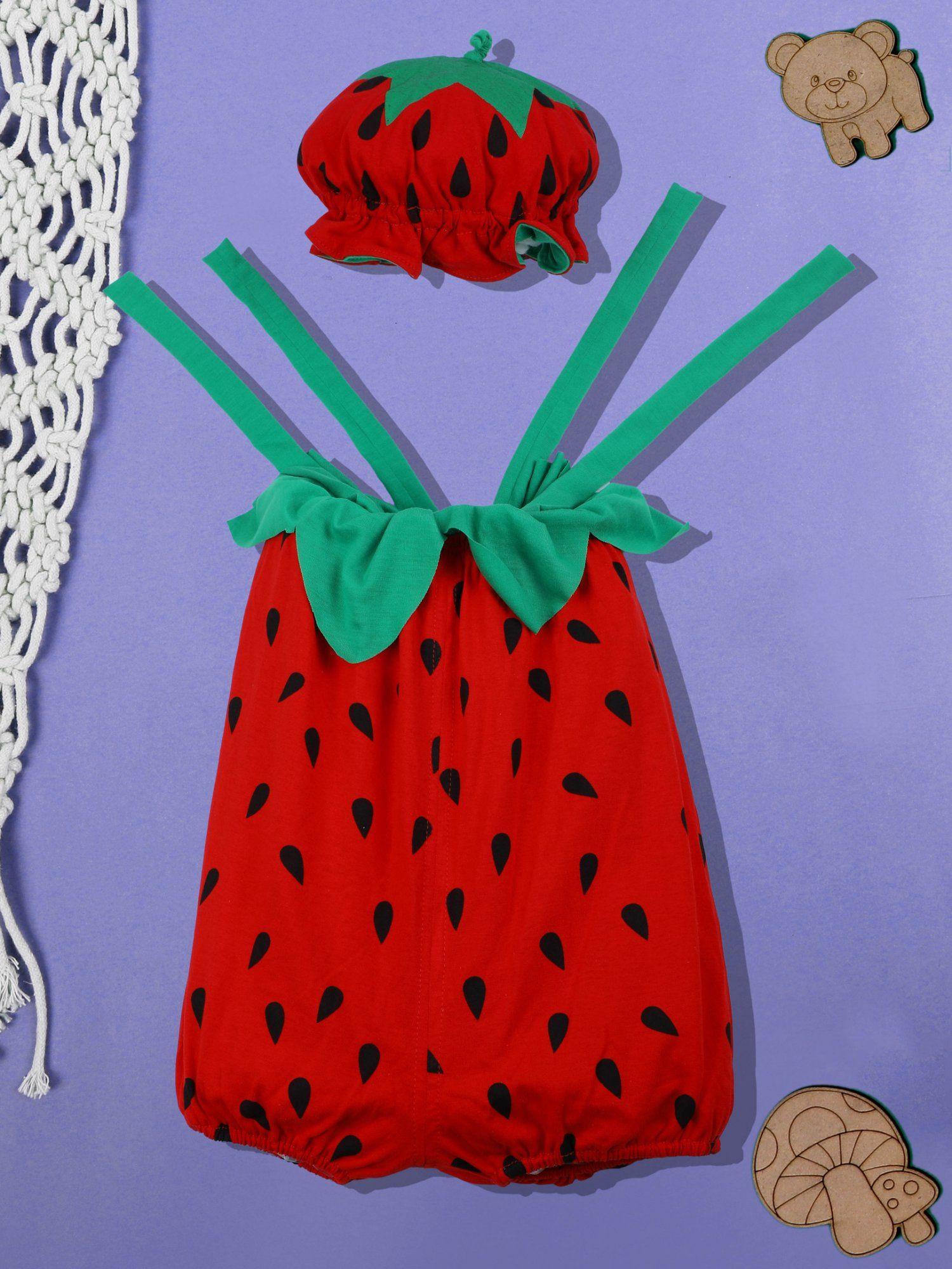 stylish strawberry costume cap and fancy dress red (set of 2)