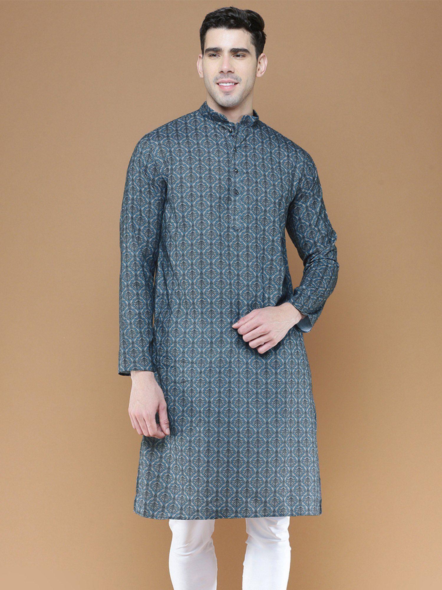 stylish traditional denim blue printed cotton kurta for men