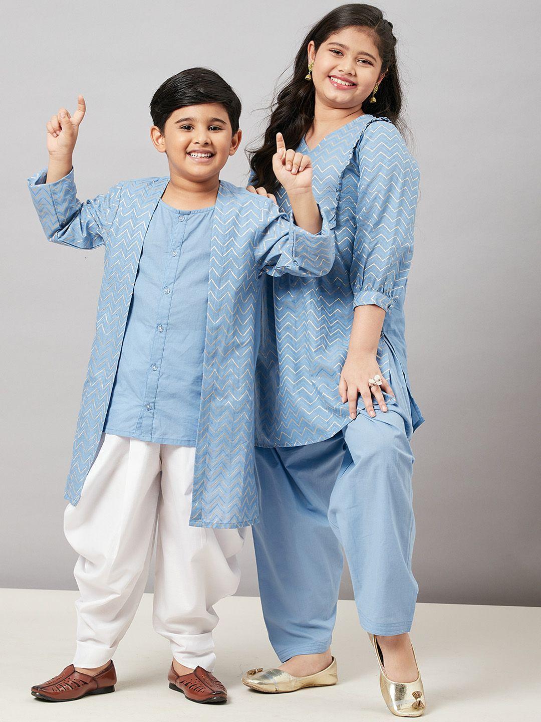 stylo bug boys blue layered pure cotton kurta with dhoti pants