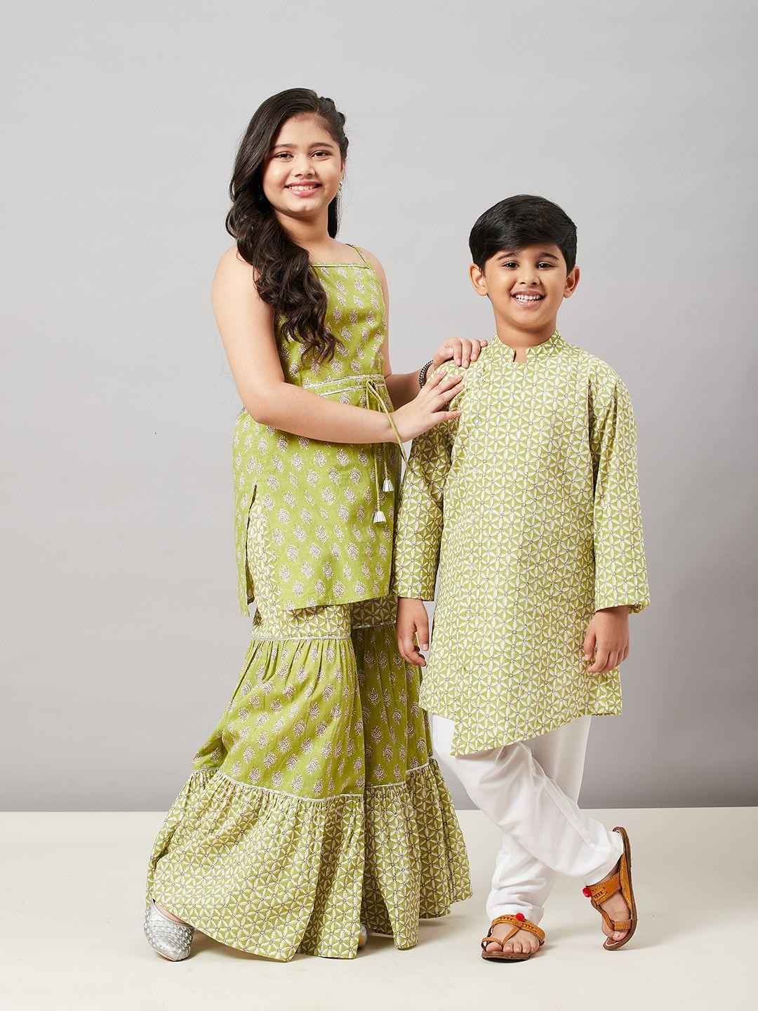 stylo bug boys green ethnic motifs pure cotton kurta with pyjamas